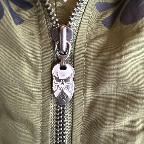 Canvas Bomber Jacket Mens 3XL Green Skull Guns Graphic Biker Goth - Picture 9 of 12